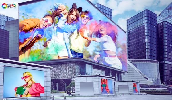 High-resolution Hikvision SMD display screens on modern buildings in Lahore, showcasing vibrant outdoor digital advertising and colorful visual content