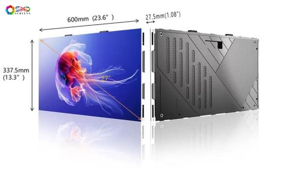 High-resolution LED display module showing front and back views with dimensions 600mm x 337.5mm x 27.5mm, featuring slim design and vibrant visual quality.